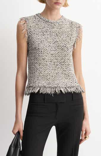 Sleeveless Fringe Trim Tweed Top