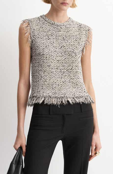 Sleeveless Fringe Trim Tweed Top