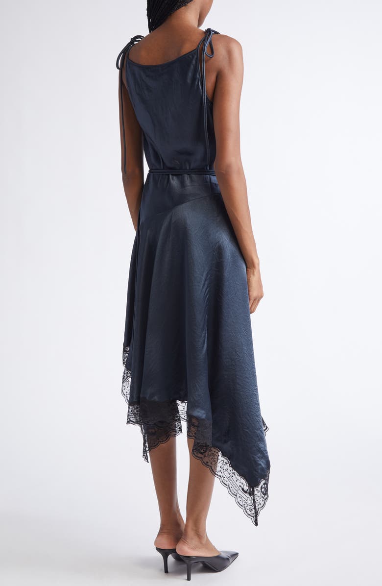 Acne Studios Doyla Lace Trim Crinkled Satin Asymmetric Dress, Alternate, color, Petrol Blue