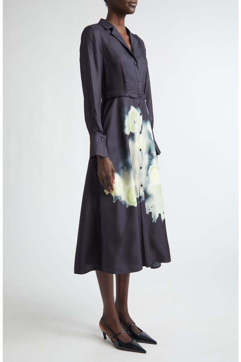 Watercolor Floral Print Long Sleeve Silk Shirtdress, Alternate, color, BLACK / LIGHT JADE