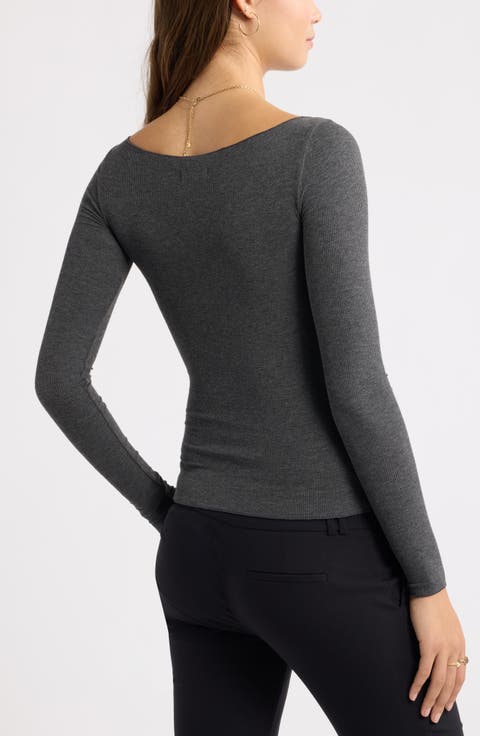 Boat Neck Long Sleeve Rib Top