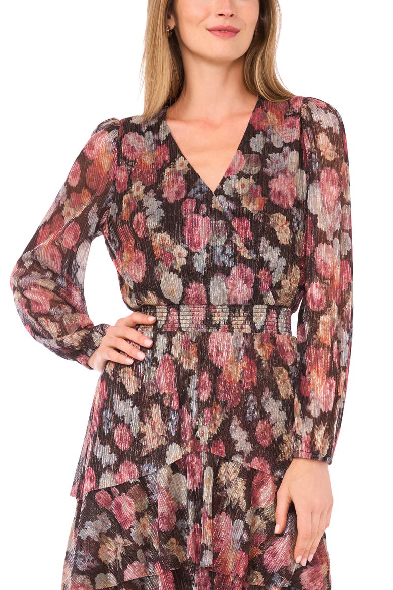 Metallic Floral Long Sleeve Plissé Midi Dress, Alternate, color, RICH BLACK