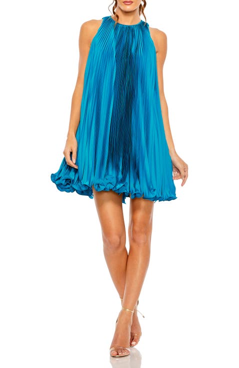 Pleated Halter Neck Flowy Mini Trapeze Dress
