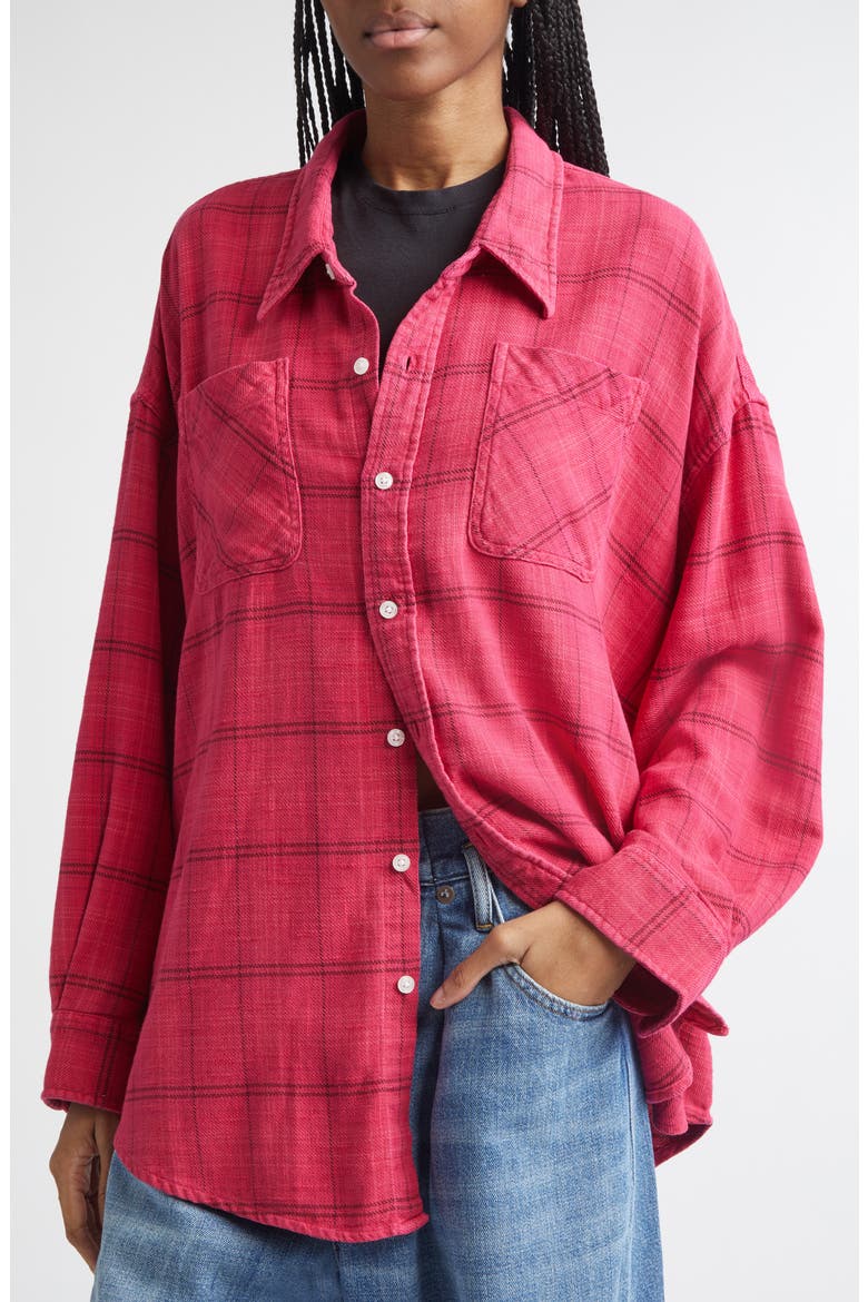 Plaid Oversize Drop Neck Cotton Flannel Button-Up Shirt (Nordstrom Exclusive), Alternate, color, DEEP PINK PLAID