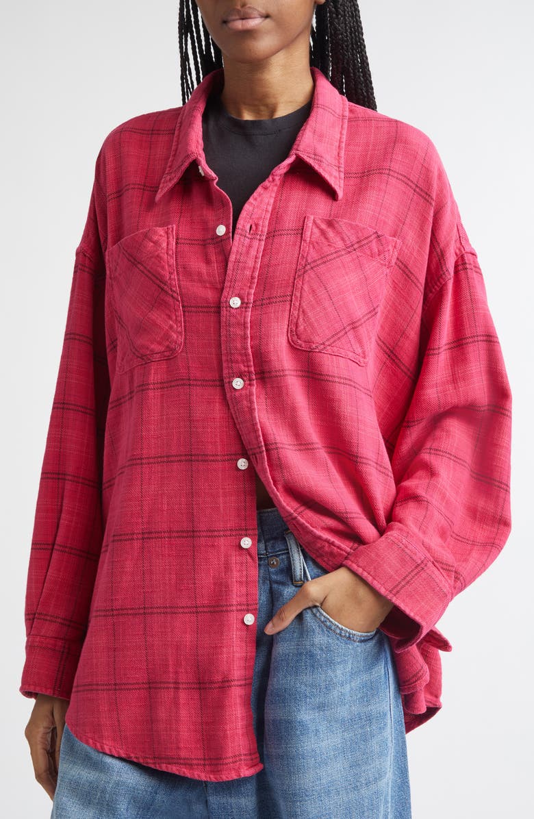 R13 Plaid Oversize Drop Neck Cotton Flannel Button-Up Shirt, Alternate, color, Deep Pink Plaid