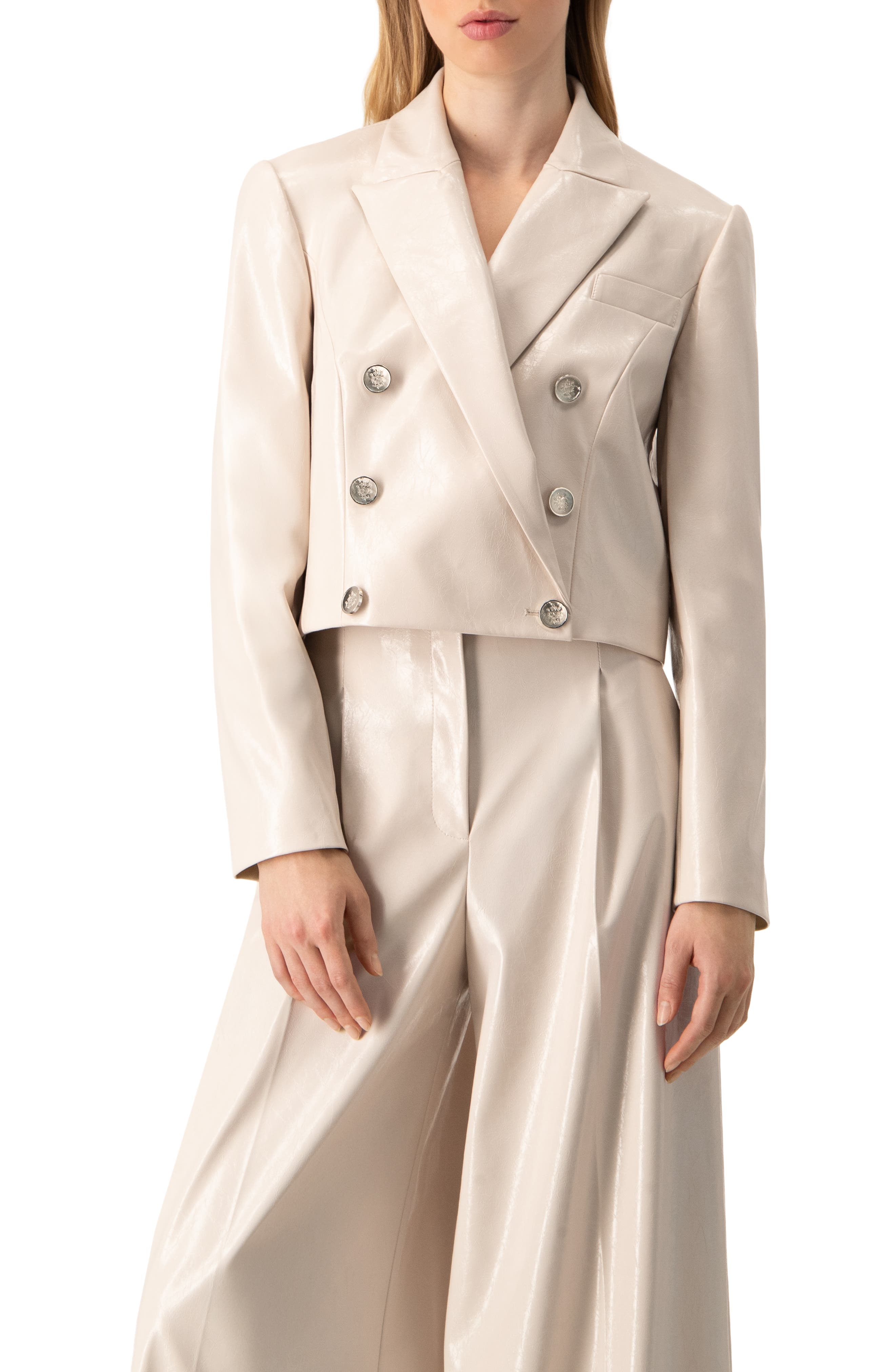 Faun-Leather Double-Breasted Short Blazer