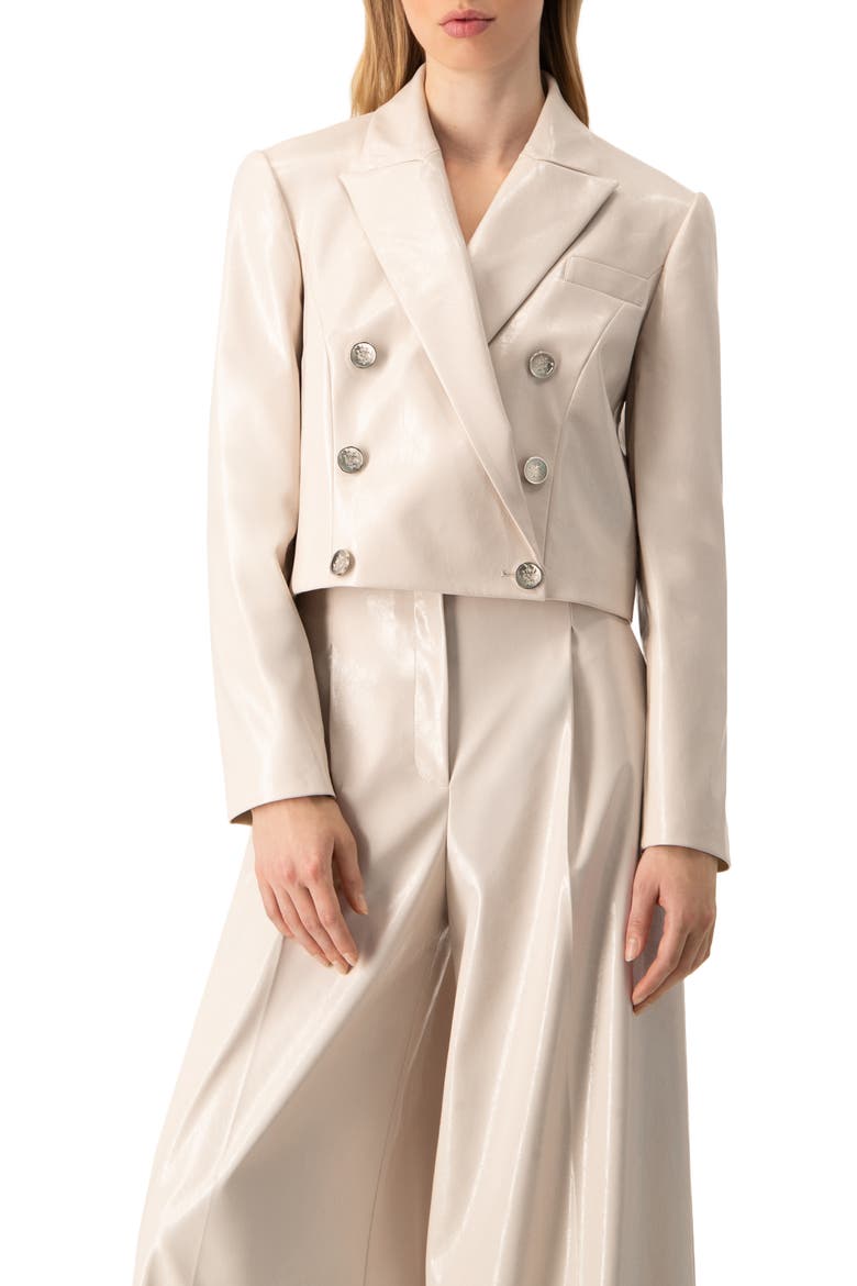Faun-Leather Double-Breasted Short Blazer, Main, color, Ivory