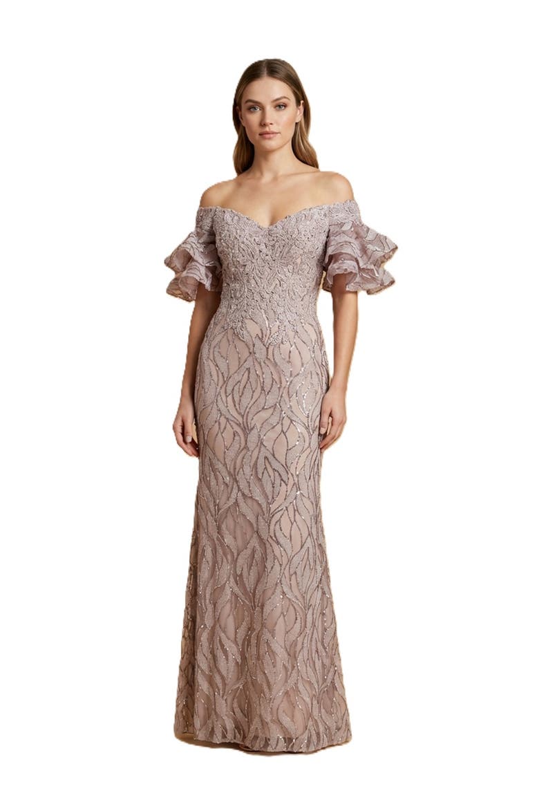 Off Shoulder Mermaid Beaded Gown with Tiered Sleeves, Main, color, Dusty Purple