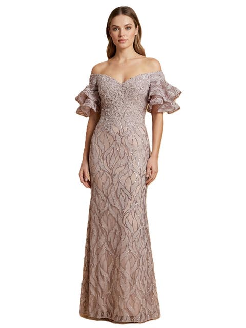 Off Shoulder Mermaid Beaded Gown with Tiered Sleeves