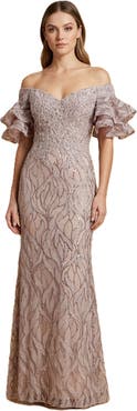 LARA New York Off Shoulder Mermaid Beaded Gown with Tiered Sleeves