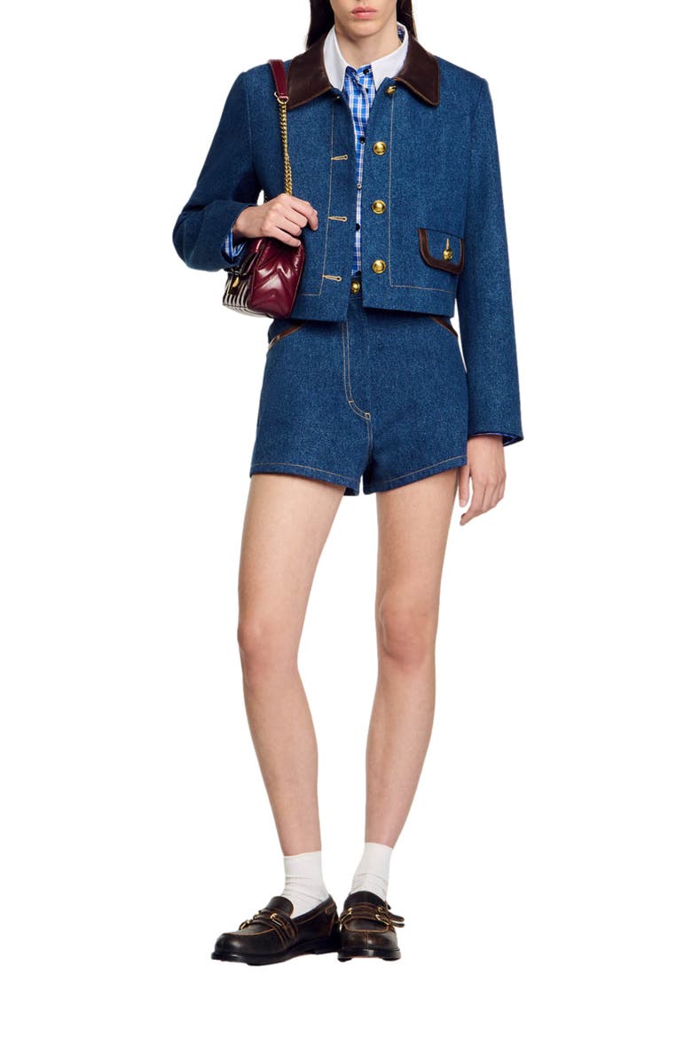 Denim jacket with leather collar, Alternate, color, Blue