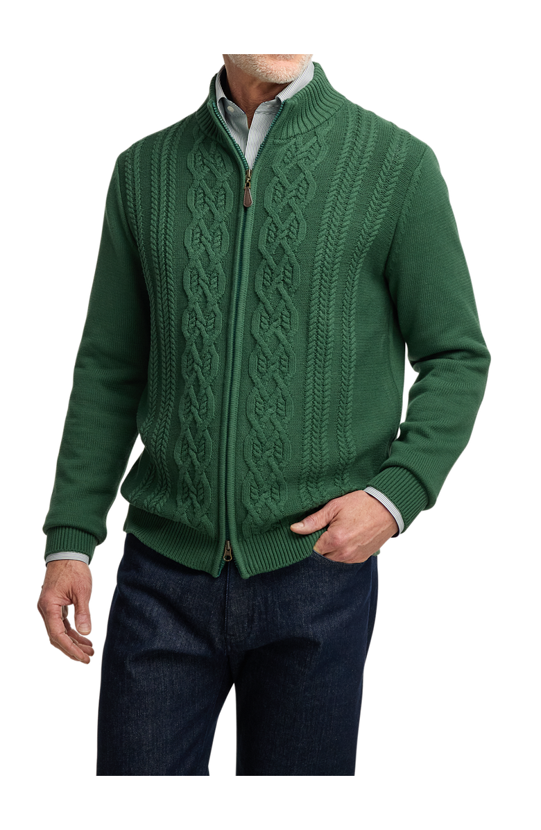 Paul Fredrick Cotton Cable Full Zip Mock Neck Sweater, Alternate, color, Green
