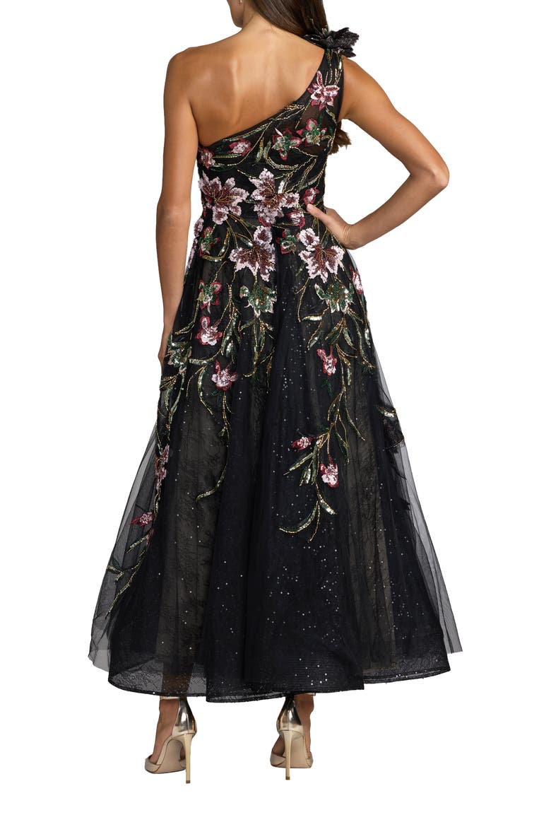 One Shoulder Floral Embellished Tulle Midi Dress, Alternate, color, Black Multi
