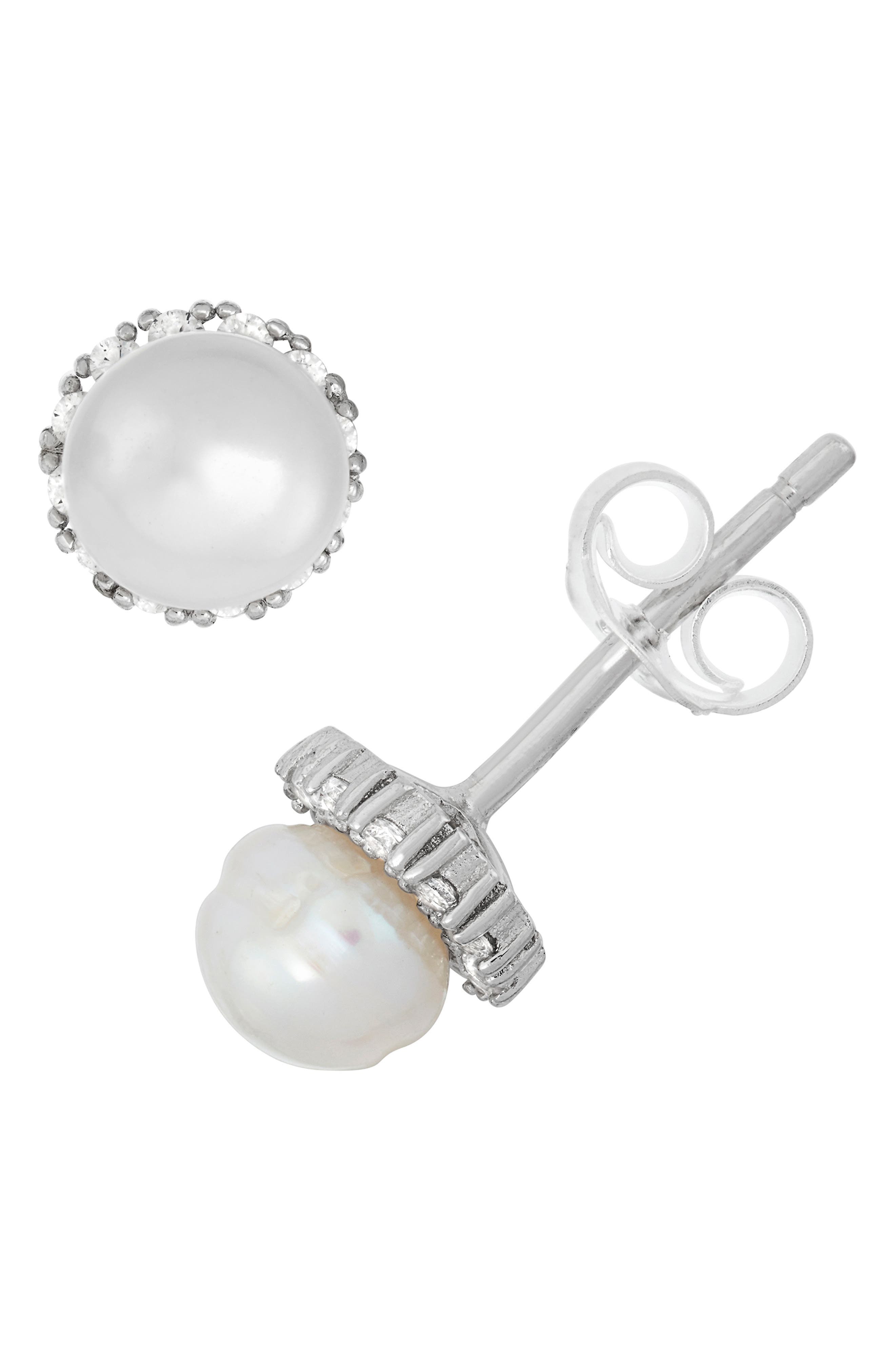 FZN Kids' Sterling Silver Cubic Zirconia & Freshwater Pearl Stud Earrings