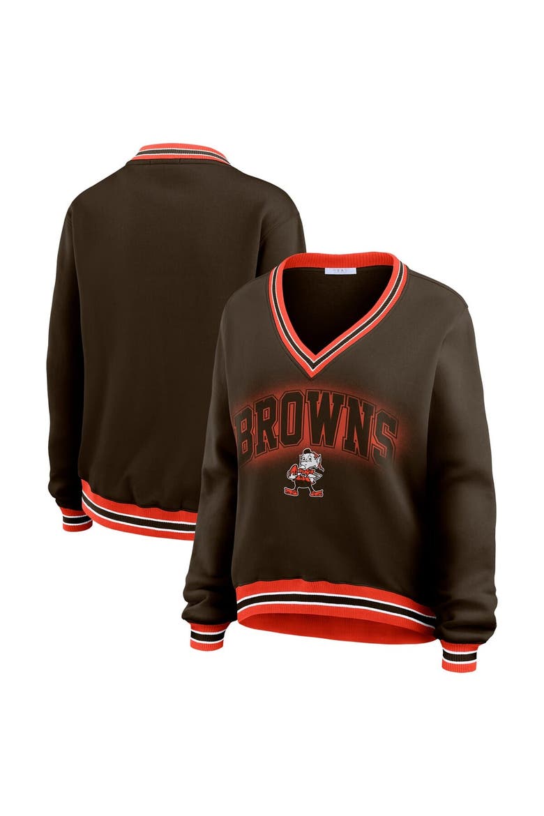 Women's WEAR by Erin Andrews Brown Cleveland Browns Oversized Long Sleeve V-Neck Sweatshirt, Alternate, color, Brown