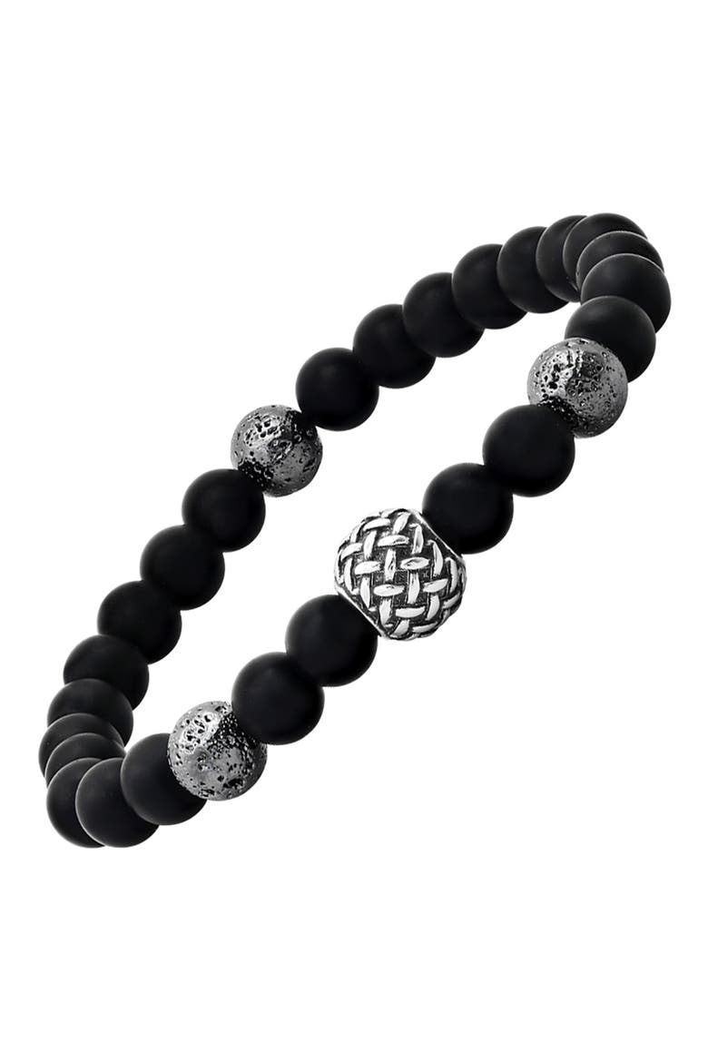 Black Lava & Stainless Steel Beaded Stretch Bracelet, Alternate, color, BLACK-METALLIC
