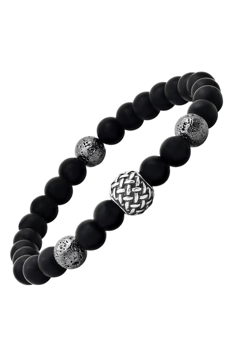 STEELTIME Black Lava & Stainless Steel Beaded Stretch Bracelet, Alternate, color, Black-Metallic