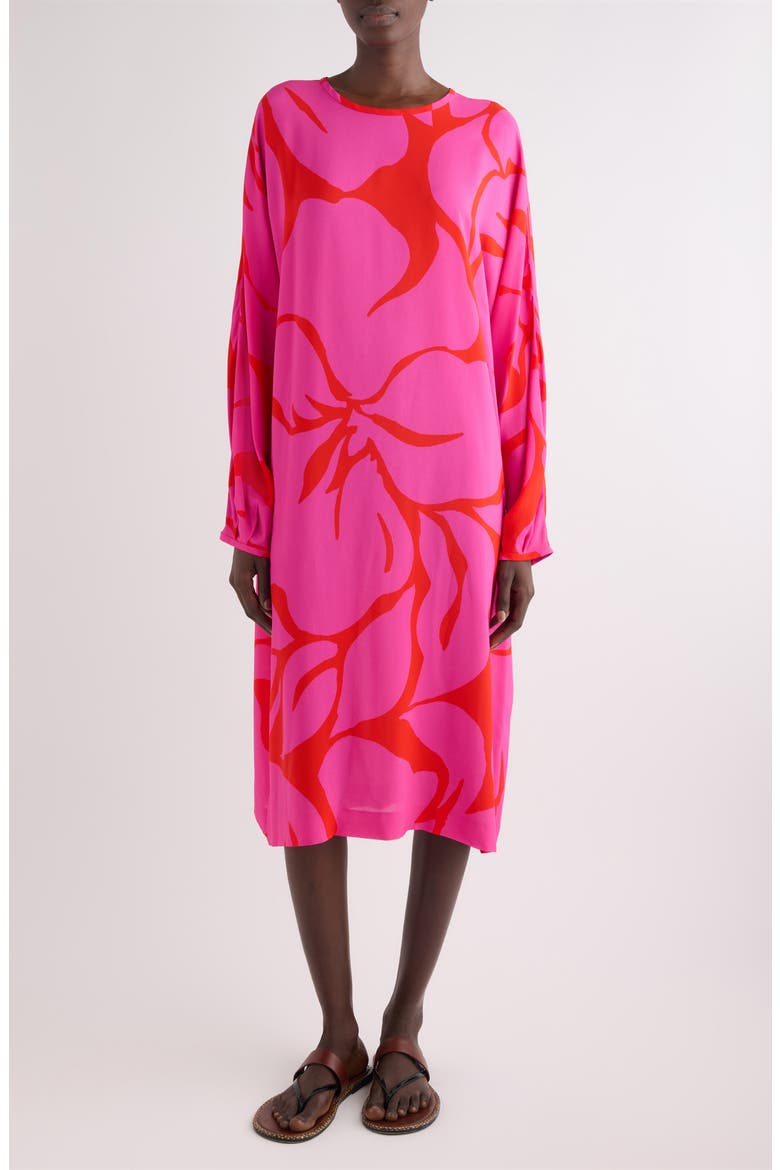 Dosta Giant Floral Print Long Sleeve Crepe Midi Dress, Main, color, FUCHSIA