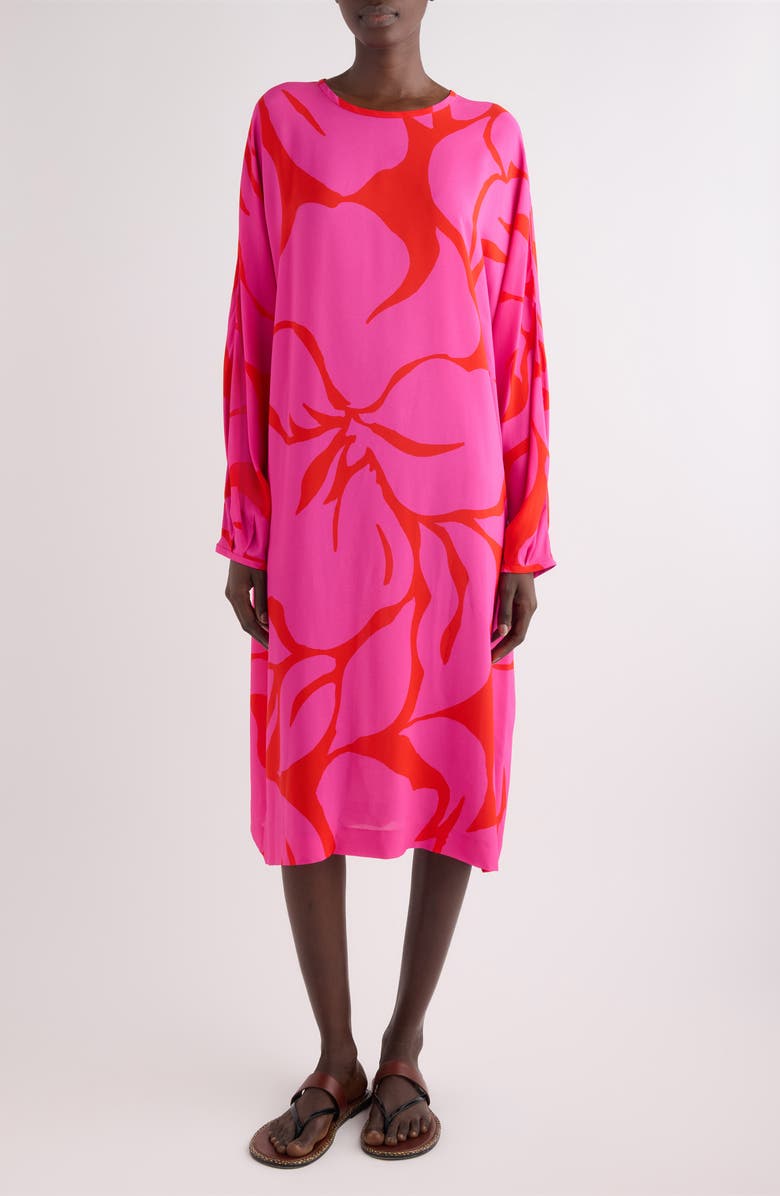 Dries Van Noten Dosta Giant Floral Print Long Sleeve Crepe Midi Dress, Main, color, Fuchsia