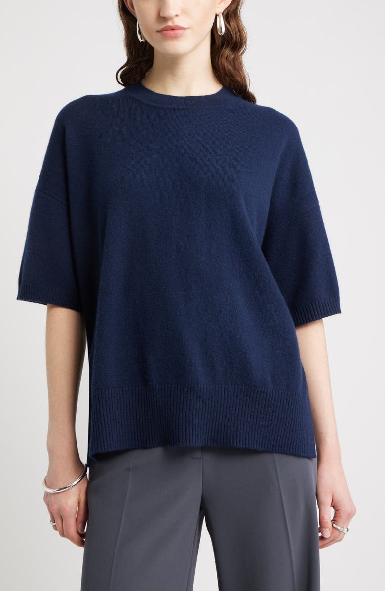 Nordstrom Relaxed Short Sleeve Cashmere Sweater, Main, color, Navy Night