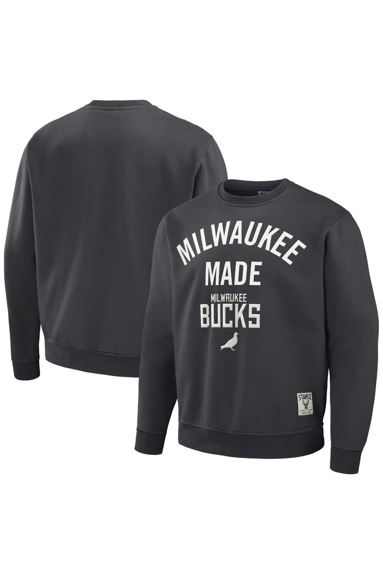 Men's NBA x Staple Anthracite Milwaukee Bucks Plush Pullover Sweatshirt, Main, color, Anthracite
