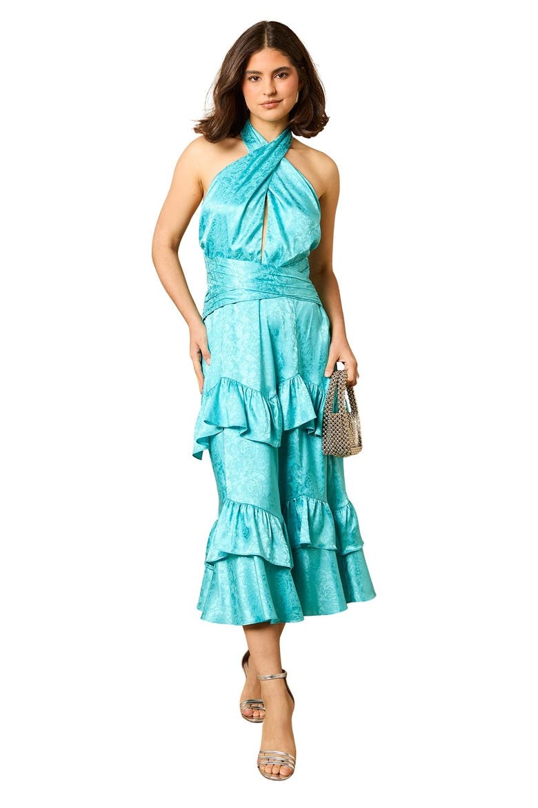 Halterneck Satin Jacquard Midi Dress, Main, color, Aqua