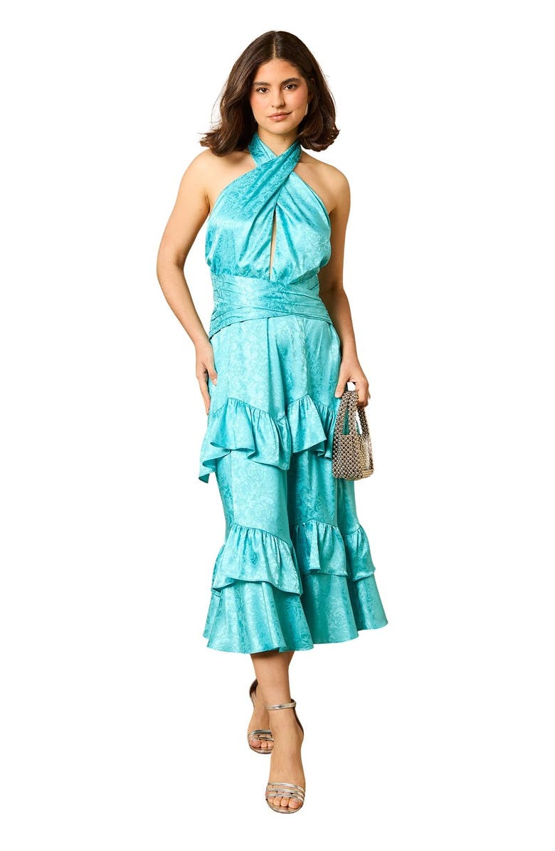 Oasis Halterneck Satin Jacquard Midi Dress, Main, color, Aqua
