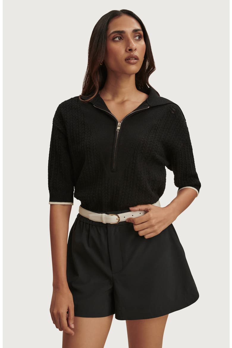 Arney Half Zip Pointelle Knit Polo, Alternate, color, BLACK