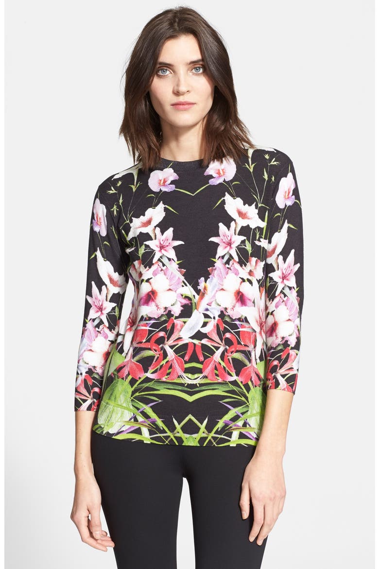 'Adolie' Floral Print Sweater, Main, color, BLACK