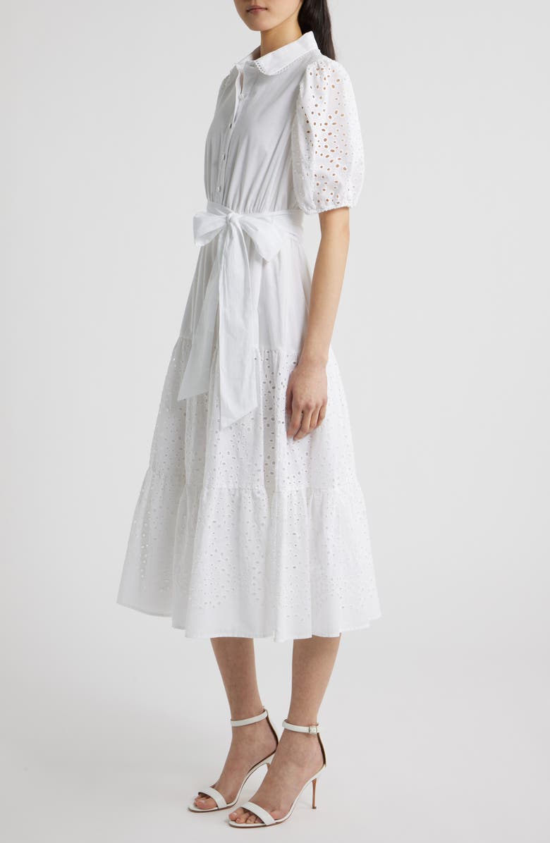 Anne Klein Eyelet Tie Waist Puff Sleeve Midi Dress, Alternate, color, Crisp White