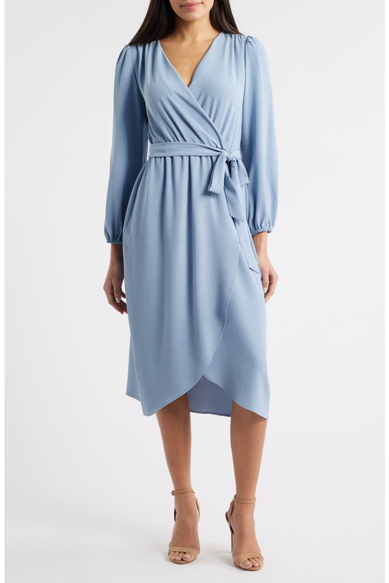 Long Sleeve Faux Wrap Midi Dress, Main, color, SKY
