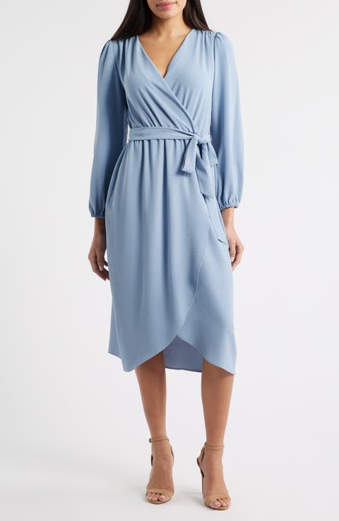 Long Sleeve Faux Wrap Midi Dress