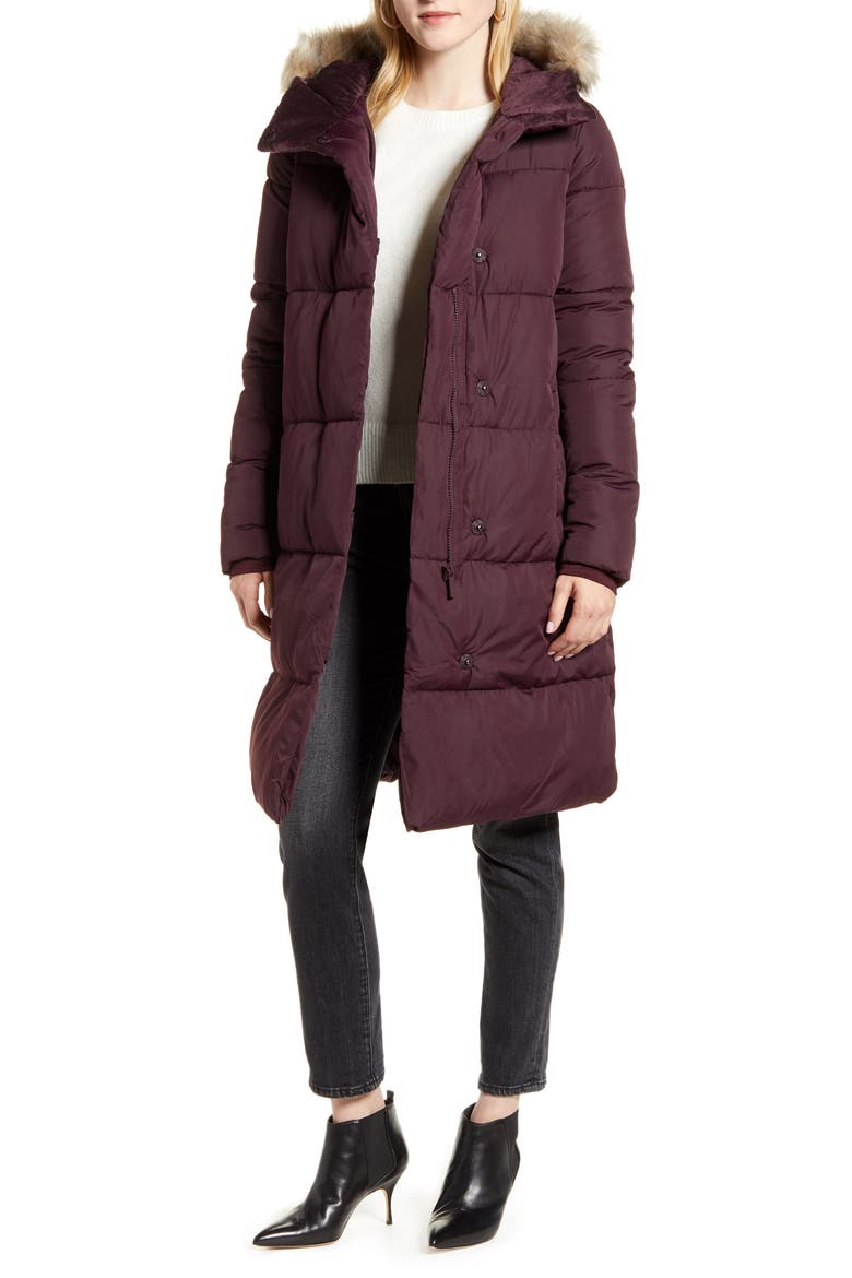 Hooded Puffer Coat with Faux Fur Trim, Main, color, RED GRAPE