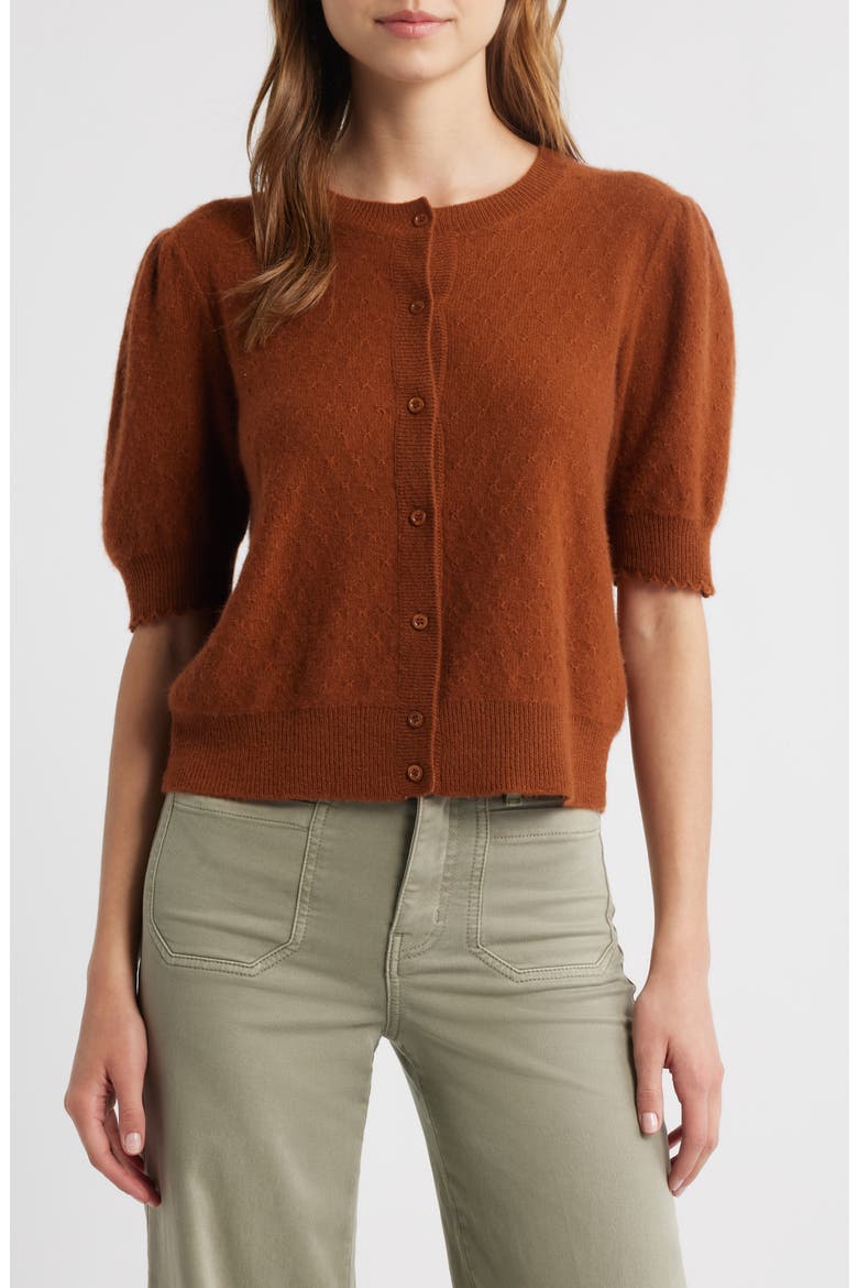 The Cashmere Pointelle Puff Sleeve Cardigan, Main, color, CHESTNUT