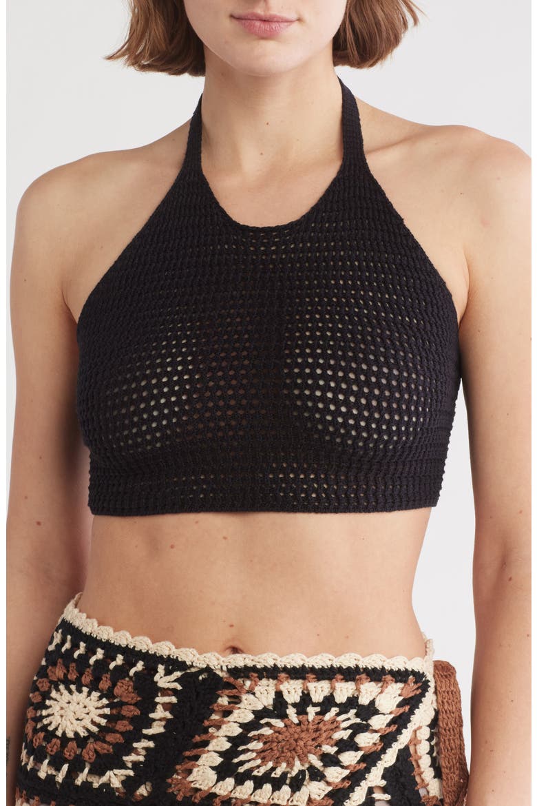 Open Stitch Halter Crop Cover-Up Top, Main, color, BLACK