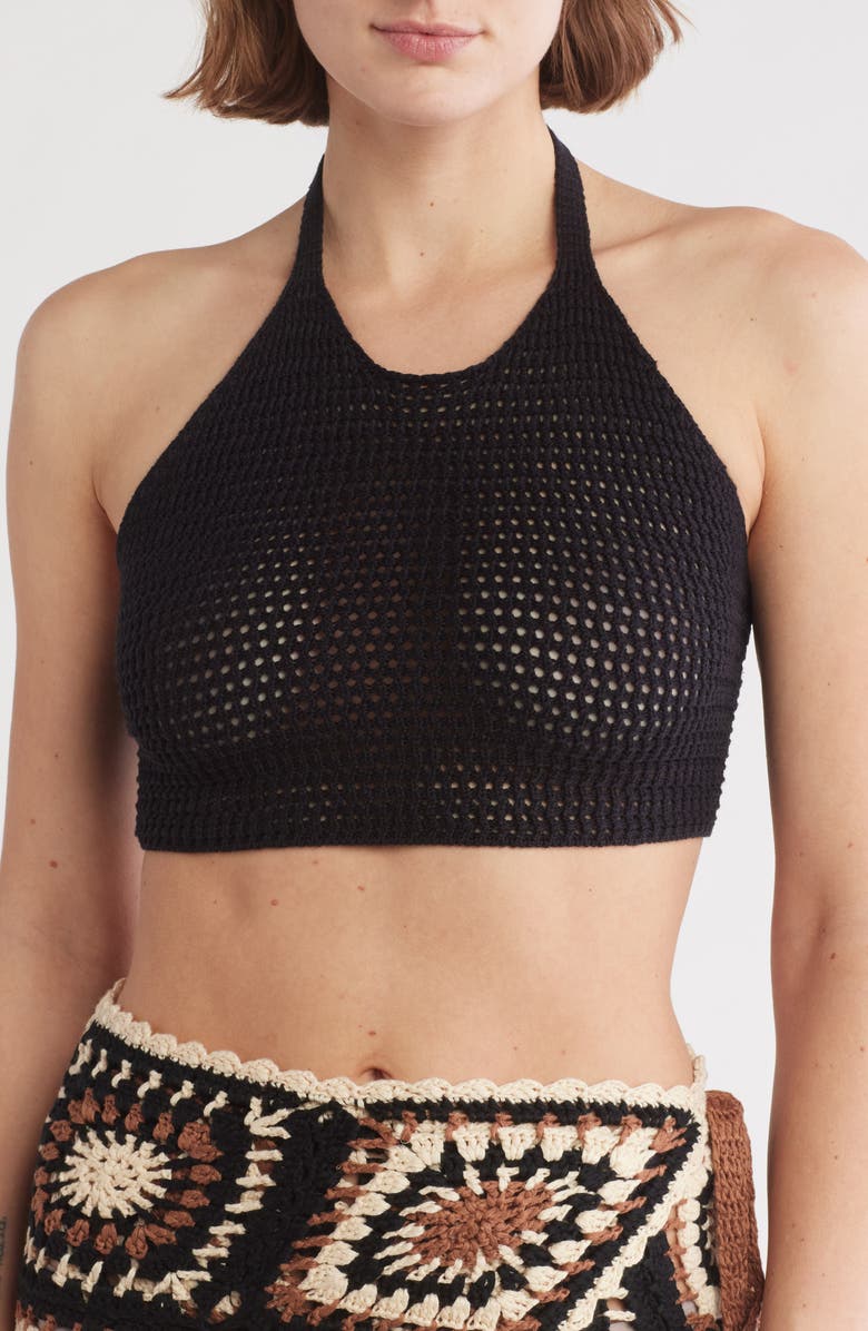 Elan Open Stitch Halter Crop Cover-Up Top, Main, color, Black