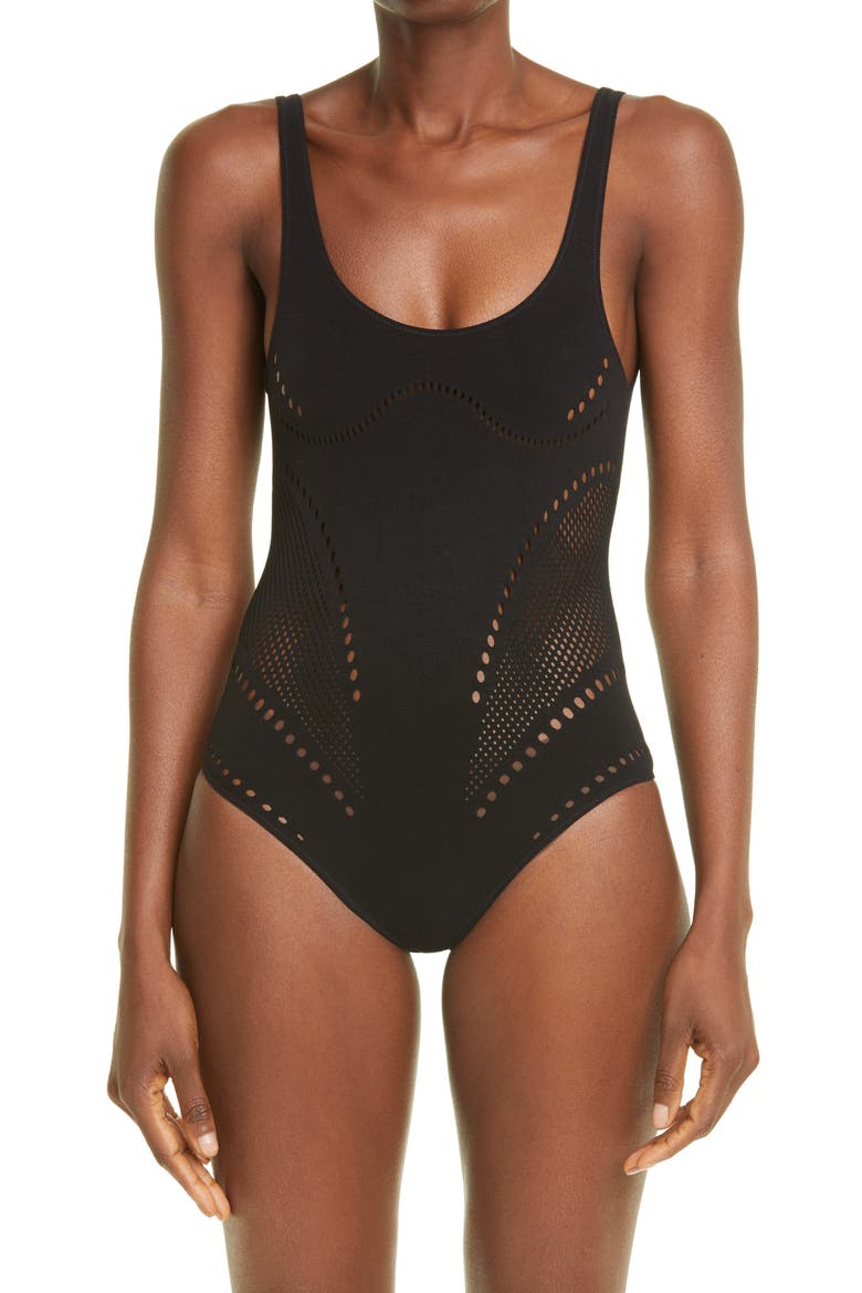 Stellawear Perforated One-Piece Swimsuit, Main, color, BLACK