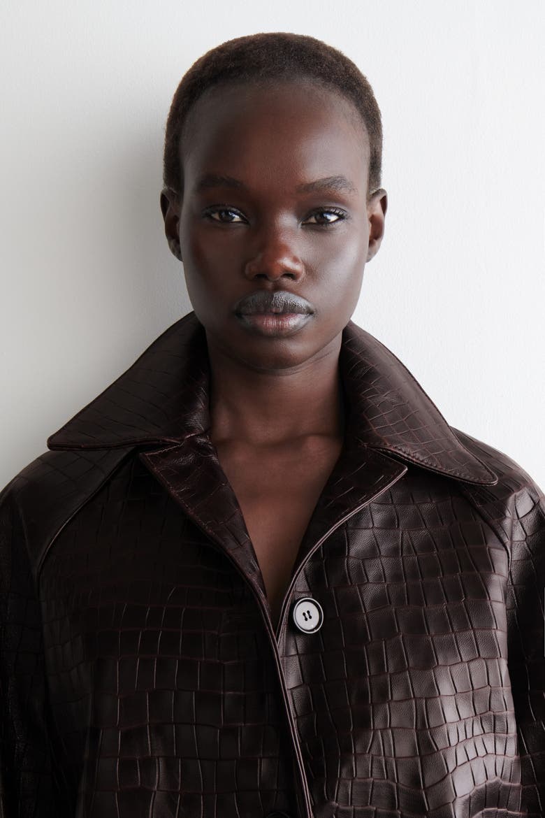 Croc-effect Leather Long Coat, Alternate, color, DARK BROWN