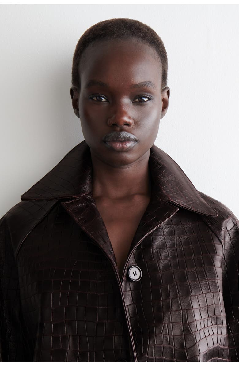 COS Croc-effect Leather Long Coat, Alternate, color, Dark Brown