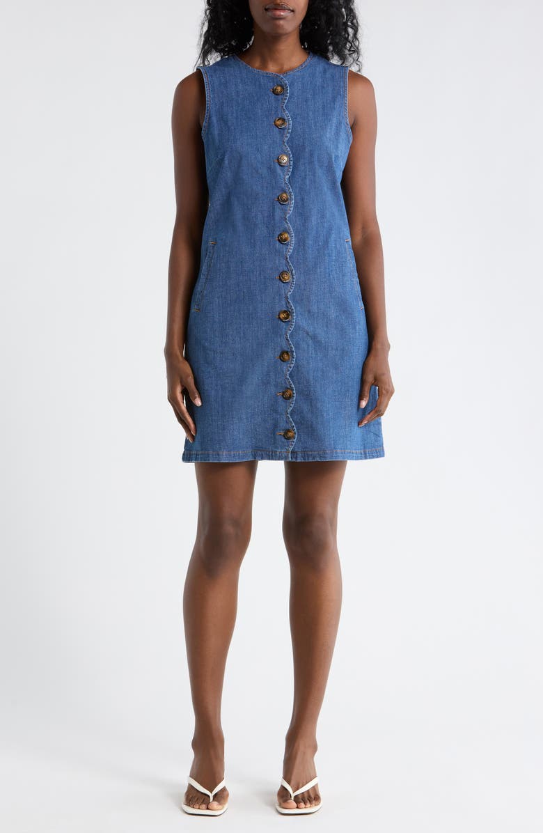 Ellen Tracy Sleeveless Scalloped Button Front Denim Minidress, Main, color, Medium Denim
