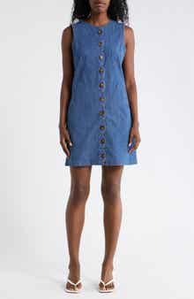 Ellen Tracy Sleeveless Scalloped Button Front Denim Minidress