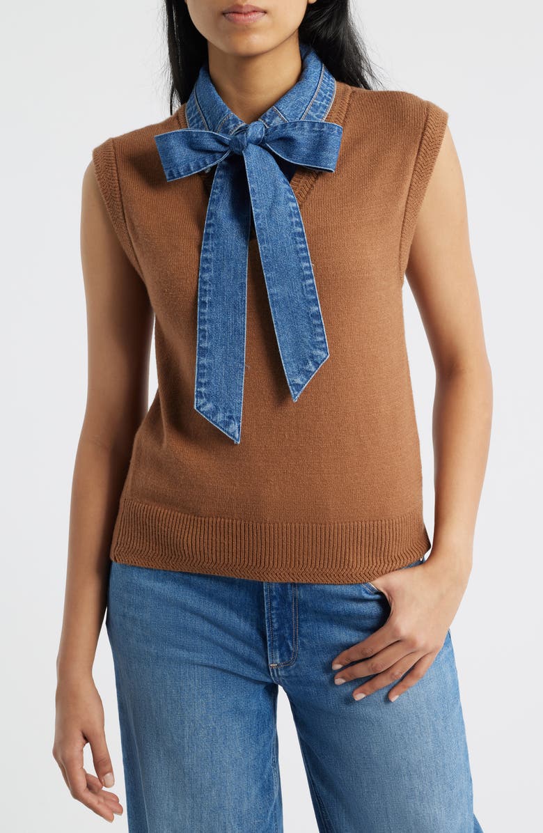 Wit & Wisdom Mixed Media Removable Bow Neck Sweater, Main, color, Sahara Sand/ Blue