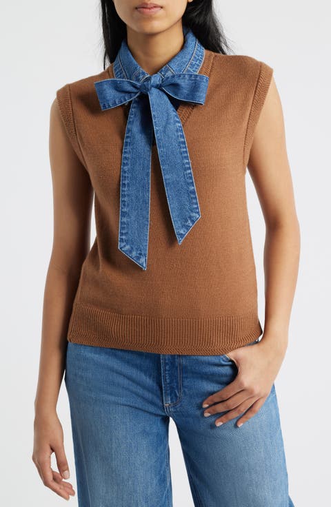 Mixed Media Removable Bow Neck Sweater