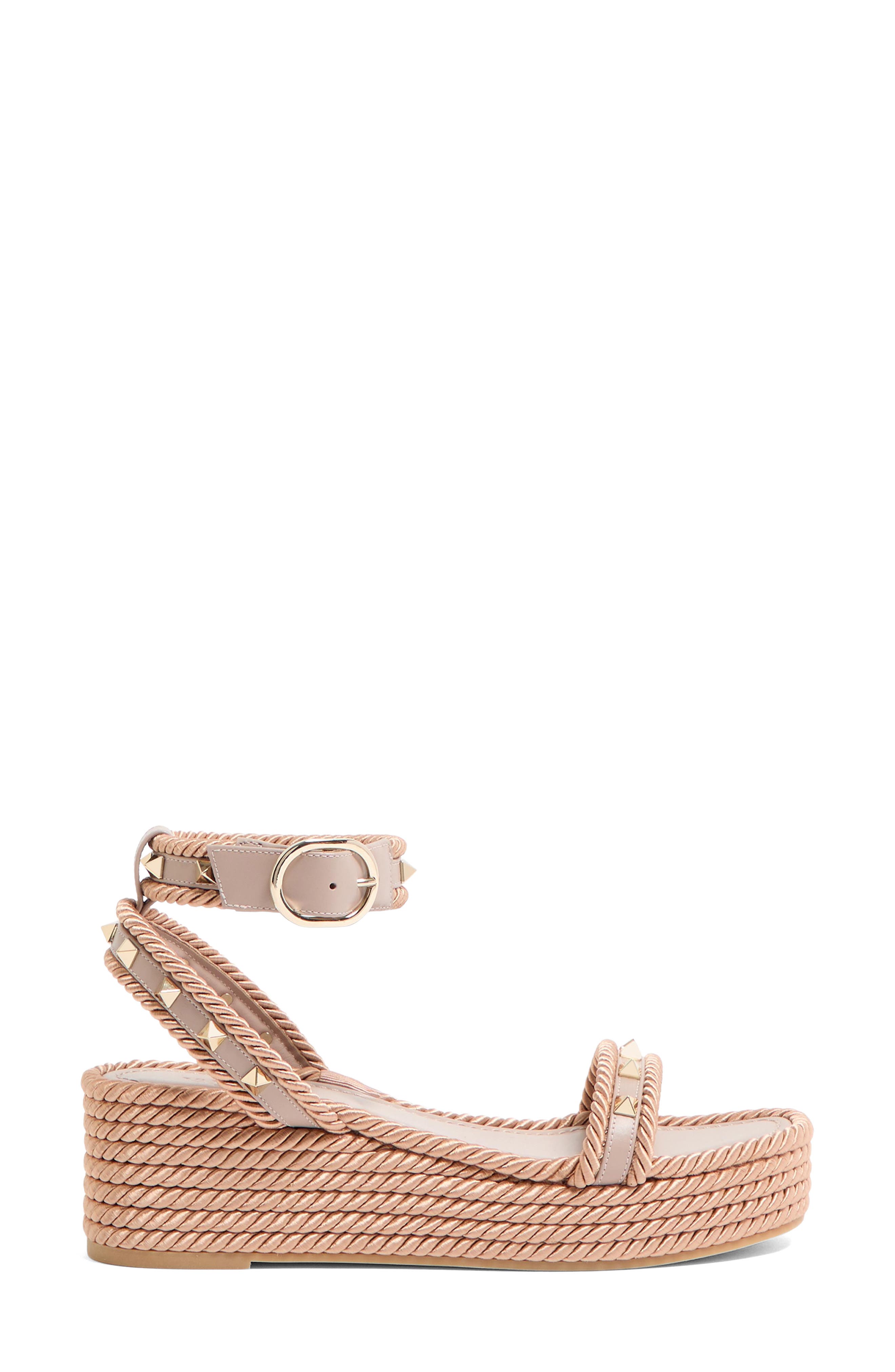 Valentino Garavani Rockstud Espadrille Wedge Sandal, Alternate, color, Poudre