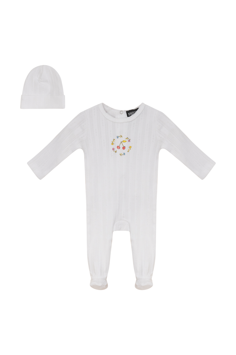 Cherry and Flower Pointelle Ribbed Romper and Hat, Main, color, White
