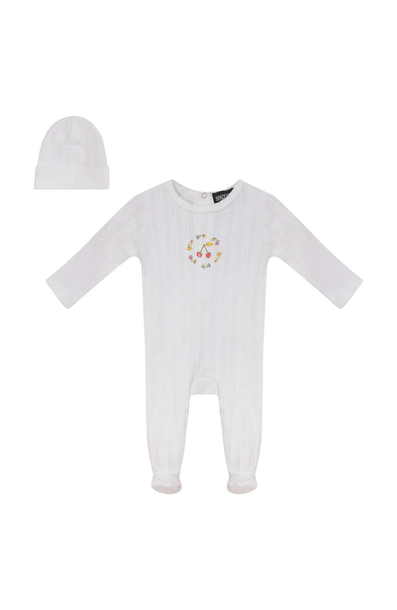 Space Grey Cherry and Flower Pointelle Ribbed Romper and Hat, Main, color, White