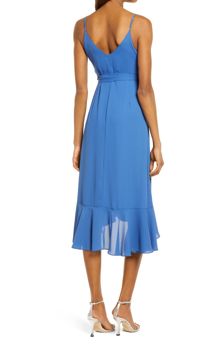 Lulus Manhattan Moment Ruffle Midi Wrap Dress, Alternate, color, 