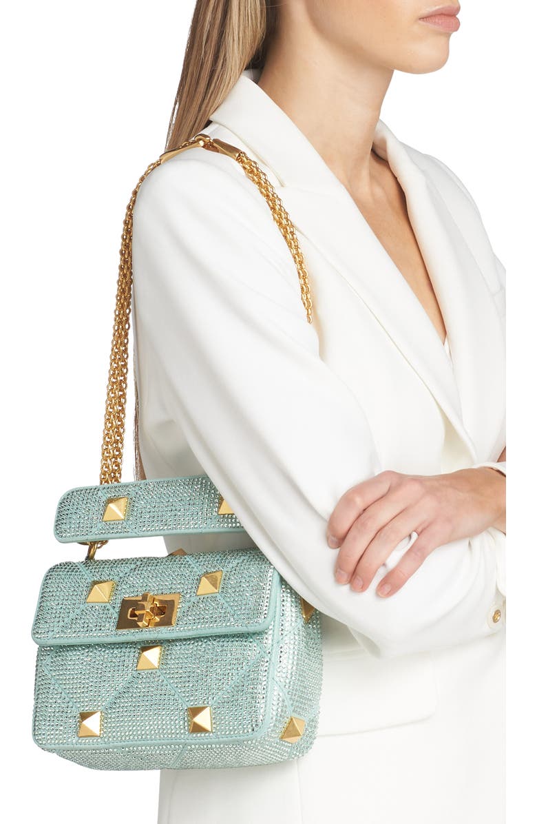 Valentino Garavani Small Roman Stud Crystal Embellished Matelassé Suede Shoulder Bag, Alternate, color,