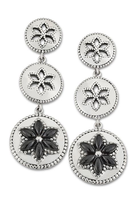 Sterling Silver Black Spinel Triple Circle Flower Earrings