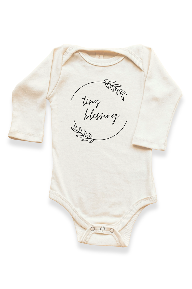 Tiny Blessing - Organic Long Sleeve Baby Bodysuit, Main, color, Natural Black Lettering